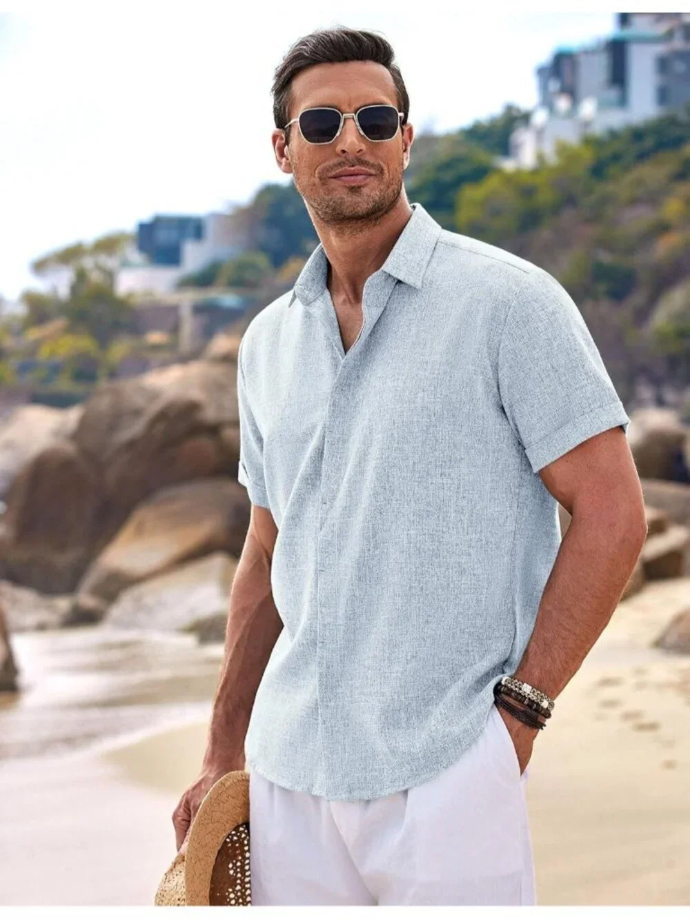 Men's Blue Beach Linen Short Sleeve Casual Wedding Shirts Button Down